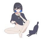  1girl bangs barefoot black_cat black_hair black_shirt blue_hair bottomless can cat chain closed_eyes clothes_lift colored_inner_hair cross cross_earrings drinking drinking_straw drinking_straw_in_mouth ear_piercing earrings feet female_admiral_(kancolle) female_pubic_hair full_body hand_under_clothes hand_under_shirt hand_up highres holding holding_can jewelry kantai_collection legs lifted_by_self looking_at_animal mouth_hold multicolored_hair naked_shirt navel original piercing pubic_hair pussy red_eyes shirt shirt_lift short_hair short_sleeves simple_background sitting sparse_pubic_hair stretching strong_zero t-shirt takaman_(gaffe) toenails toes white_background 