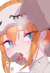  1girl blue_eyes blush close-up eonsang finger_in_another&#039;s_mouth girls&#039;_frontline grey_sweater grin hair_between_eyes hetero highres kalina_(girls&#039;_frontline) long_hair orange_hair saliva saliva_trail simple_background sleep_mask smile speech_bubble sweater tearing_up teeth tongue tongue_out turtleneck turtleneck_sweater upper_teeth_only white_background 
