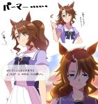  1girl ;) animal_ears bow bowtie brown_hair commentary frilled_skirt frills highres horse_ears horse_girl horseshoe_ornament hoyon long_hair looking_at_viewer mejiro_palmer_(umamusume) multicolored_hair multiple_views one_eye_closed pleated_skirt puffy_short_sleeves puffy_sleeves purple_bow purple_bowtie purple_serafuku purple_shirt sailor_collar sailor_shirt school_uniform serafuku shirt short_sleeves skirt smile streaked_hair summer_uniform thumbs_up tracen_school_uniform translation_request two-tone_hair umamusume white_hair white_skirt 