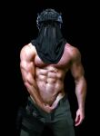  1boy abs bara black_background call_of_duty call_of_duty:_modern_warfare_2 covered_face green_pants hand_under_clothes helmet highres huntang513 konig_(call_of_duty) large_pectorals male_focus mask muscular muscular_male navel nipples open_pants pants pectorals simple_background solo topless_male 