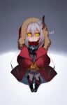  1girl :&lt; absurdres animal_ear_fluff animal_ears arknights b-lazy black_footwear blush boots chinese_commentary closed_mouth commentary fur-trimmed_hood fur_trim grey_background grey_hair grey_shirt hair_between_eyes highres hood hood_up hooded_jacket jacket long_sleeves looking_at_viewer medium_hair open_clothes open_jacket projekt_red_(arknights) red_jacket shirt simple_background slit_pupils solo tail v_arms white_background wolf_ears wolf_girl wolf_tail yellow_eyes 