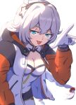  1girl :p ahoge bangs blue_eyes bodysuit braid breasts cleavage cleavage_cutout closed_mouth clothing_cutout fopasu honkai_(series) honkai_impact_3rd jacket kiana_kaslana kiana_kaslana_(white_comet) leaning_forward long_hair long_sleeves looking_at_viewer simple_background smile solo tongue tongue_out twin_braids upper_body w white_background white_bodysuit white_hair white_jacket 