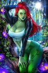  1girl ayya_sap blush bra breasts choker cleavage colored_skin dc_comics flower green_eyes green_pants green_skin jacket leather leather_jacket long_hair looking_at_viewer midriff open_clothes open_jacket outdoors pants poison_ivy red_hair solo tree underwear white_bra 