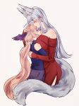  2girls ahoge animal_ears bangs bird_girl blonde_hair blue_hair blue_sweater bow breasts closed_eyes clothing_cutout dress enna_alouette extra_ears eyeshadow flower fox_ears fox_girl fox_tail gradient_hair grey_hair hair_bow hair_flower hair_ornament head_wings highres hug kiss kissing_forehead large_breasts long_hair long_sleeves low_twintails makeup mole mole_under_eye multicolored_eyes multicolored_hair multiple_girls multiple_tails nijisanji nijisanji_en nina_kosaka pants premium_honey purple_bow purple_eyes purple_pants purple_wings red_dress red_eyeliner red_eyeshadow short_eyebrows shoulder_cutout sweater tail twintails very_long_hair virtual_youtuber white_background white_flower wings yellow_eyes 