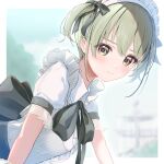  1girl alternate_costume back_bow blurry blurry_background blush bow enmaided fujinomiya_rio green_eyes green_hair hair_ribbon highres idolmaster idolmaster_shiny_colors leaning_forward looking_at_viewer maid maid_headdress nanakusa_nichika ribbon shirt short_twintails solo striped striped_shirt twintails vertical-striped_shirt vertical_stripes 