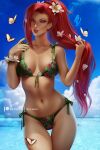  batman_(series) beach bikini blue_sky bug butterfly cloud cloudy_sky dc_comics floral_print flower green_eyes hair_flower hair_ornament long_hair olchas outdoors poison_ivy red_hair sky swimsuit water white_flower 