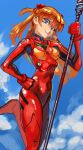  1girl blue_eyes bodysuit breasts commentary covered_navel hand_on_hip head_tilt headgear highres holding holding_polearm holding_weapon interface_headset lance_of_longinus_(evangelion) neon_genesis_evangelion orange_hair pilot_suit plugsuit polearm red_bodysuit ribosoma_42 science_fiction skinny small_breasts solo souryuu_asuka_langley weapon 
