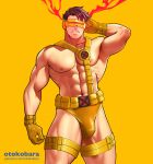  1boy abs artist_name bara black_hair bulge cyclops_(x-men) gloves highres large_pectorals male_focus marvel muscular muscular_male navel nipples otokobara patreon_username pectorals short_hair simple_background solo teeth thick_thighs thighs x x-men yellow_background yellow_gloves 