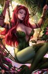  1girl batman_(series) boots breasts cleavage dc_comics green_eyes high_heel_boots high_heels leaf leotard long_hair outdoors plant poison_ivy solo sunkhamunaki swing vines 