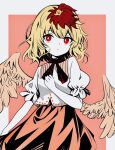  1341398tkrtr 1girl animal animal_on_head bangs bird bird_on_head bird_wings blonde_hair border chick dress feathered_wings hair_between_eyes highres multicolored_hair niwatari_kutaka on_head orange_dress red_eyes red_hair shirt short_hair short_sleeves solo touhou two-tone_hair white_border white_shirt wings yellow_wings 