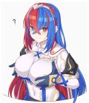  1girl ? alear_(female)_(fire_emblem) alear_(fire_emblem) armor armored_dress bangs blue_eyes blue_gloves blue_hair braid breasts breasts_squeezed_together closed_mouth covered_navel crossed_bangs crown_braid dress fire_emblem fire_emblem_engage gloves hair_between_eyes headpiece heterochromia large_breasts multicolored_hair red_eyes red_hair shiseki_hirame simple_background solo split-color_hair sweatdrop two-tone_hair upper_body white_dress 