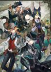  4boys alhaitham_(genshin_impact) alternate_costume animal_ear_fluff animal_ears bangs belt bishounen black_capelet black_coat black_gloves black_headwear black_necktie black_pants black_vest blonde_hair blue_necktie brown_belt brown_coat brown_gloves brown_jacket capelet closed_mouth clothing_request coat collared_shirt commentary cyno_(genshin_impact) dark-skinned_male dark_skin darkavey earrings english_commentary feet_out_of_frame figure_four_sitting genshin_impact gloves green_eyes green_necktie gun hair_over_one_eye hand_in_pocket hand_up hands_up hat highres holding holding_gun holding_lantern holding_magnifying_glass holding_smoking_pipe holding_weapon jacket jacket_on_shoulders jewelry kaveh_(genshin_impact) lantern lapel_pin long_bangs long_hair long_sleeves looking_at_viewer magnifying_glass male_focus multicolored_hair multiple_boys necktie open_clothes open_jacket orange_eyes pants purple_necktie red_vest revolver shirt shirt_tucked_in shoes short_hair smoking_pipe standing stole streaked_hair thigh_pouch tighnari_(genshin_impact) top_hat vest weapon white_hair white_shirt 
