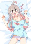 1girl :d ahoge bangs bed_sheet blue_shirt blush breasts brown_eyes collarbone commentary grey_hair hair_between_eyes kou_oishi long_hair looking_at_viewer lying multicolored_hair no_bra no_pants off_shoulder on_back onii-chan_wa_oshimai! open_mouth oversized_clothes oversized_shirt oyama_mahiro panties pillow pink_hair pink_panties shirt short_sleeves single_bare_shoulder small_breasts smile solo tears translated two-tone_hair underwear 