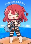  1girl ;d bangs bare_shoulders barefoot black_choker blue_sky blush bocchi_the_rock! chibi choker cloud collarbone day electric_guitar full_body gibson_les_paul green_eyes guitar hair_between_eyes hana_kazari highres holding holding_instrument horizon hot_limit instrument kita_ikuyo long_hair looking_at_viewer ocean one_eye_closed one_side_up outdoors red_hair revealing_clothes sky smile solo translation_request water 