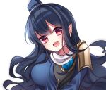  1girl :d armor bangs blue_hair blush breasts dark_blue_hair dot_nose eyes_visible_through_hair happy hat highres iizunamaru_megumu large_breasts long_hair looking_at_viewer meimei_(meimei89008309) open_mouth pauldrons pointy_ears red_eyes shoulder_armor simple_background single_pauldron smile solo tokin_hat touhou upper_body very_long_hair waistcoat white_background 