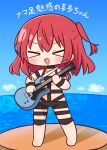  &gt;_&lt; 1girl :d bangs bare_shoulders barefoot black_choker blue_sky blush bocchi_the_rock! chibi choker closed_eyes cloud collarbone day electric_guitar facing_viewer full_body gibson_les_paul guitar hair_between_eyes hana_kazari highres holding holding_instrument horizon hot_limit instrument kita_ikuyo long_hair ocean one_side_up outdoors red_hair revealing_clothes sky smile solo translation_request water xd 
