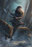  1girl animal axe brown_pants fur_jacket game_cg gwent_(game) highres holding holding_axe holding_weapon jacket non-web_source outdoors pants snow the_witcher_(series) tree weapon wolf 