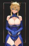  1girl artoria_pendragon_(fate) artoria_pendragon_(lancer)_(fate) bangs black_background blonde_hair blue_gloves blue_thighhighs border breasts cleavage closed_mouth crossed_bangs crown elbow_gloves fate/grand_order fate_(series) gloves gold_trim green_eyes hair_ornament highres jason_kim large_breasts sidelocks smile solo thighhighs tiara 