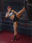  1girl abs absurdres audia_pahlevi boxing_ring commission fingerless_gloves gloves grey_eyes gym highres kettlebell kicking long_hair muscular muscular_female original punching_bag red_hair scar shorts smile solo tank_top toned 