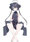  1girl absurdres bangs bare_legs bare_shoulders barefoot black_dress black_eyes black_hair black_nails blue_archive blue_butterfly breasts bug butterfly china_dress chinese_clothes closed_mouth double_bun dress feet full_body hair_bun hair_ornament halo highres invisible_chair kisaki_(blue_archive) legs long_hair looking_at_viewer nail_polish no_panties no_shoes pelvic_curtain sh_(562835932) simple_background sitting sleeveless sleeveless_dress small_breasts solo toenail_polish toenails toes white_background 