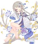  1girl bangs bare_legs bare_shoulders barefoot blue_dress blue_eyes chaosexceed detached_sleeves dot_nose dress feet flower full_body genshin_impact grey_hair guizhong_(genshin_impact) hair_ornament hairpin highres no_shoes smile soles spread_toes toes white_dress 