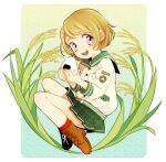  1girl blush brown_footwear brown_hair eyelashes food green_skirt holding holding_food jacket koizumi_hanayo love_live! miniskirt onigiri open_mouth plant purple_eyes red_footwear shiman short_hair skirt solo teeth upper_teeth_only 