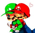  2boys blue_eyes blue_overalls brothers facial_hair gloves green_headwear green_shirt haru_(kyou) heart hug hug_from_behind luigi mario mario_(series) multiple_boys mustache one_eye_closed overalls red_headwear red_shirt shirt siblings source_request white_gloves 