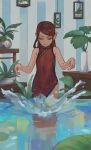  1girl bangs bare_arms bare_shoulders breasts china_dress chinese_clothes dress expressionless lily_pad looking_down original partially_submerged pointy_ears ririn_(alethyne) side_slit solo standing swept_bangs water 