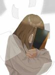  1girl artist_request brown_eyes character_request closed_eyes closed_mouth copyright_request crying holding holding_notebook long_hair long_sleeves non-web_source notebook paper sad shirt solo source_request tears upper_body very_long_hair white_background white_shirt 