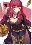  1girl ;) arm_behind_back bangs belt black_cape bodysuit breasts cape chest_strap choker cleavage coin eyelashes facial_mark fire_emblem fire_emblem_engage gold_belt gold_coin hair_ornament hand_up high_collar inkocto large_breasts legs_apart long_hair looking_to_the_side no_nose one_eye_closed pink_hair purple_bodysuit purple_choker red_eyes side_cutout smile solo split_mouth standing star_(symbol) star_facial_mark star_hair_ornament yunaka_(fire_emblem) 