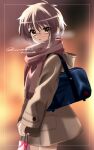  1girl artist_name bag bangs blurry blurry_background bow brown_coat brown_eyes coat commentary_request cowboy_shot from_side glasses highres holding holding_bag kuuma25_kuma long_sleeves looking_at_viewer nagato_yuki parted_lips pink_scarf purple_hair red_bow scarf school_bag short_hair solo standing strap suzumiya_haruhi_no_shoushitsu suzumiya_haruhi_no_yuuutsu twitter_username watermark 