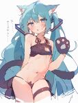  1girl animal_ear_fluff animal_ears animal_hands bare_shoulders blue_eyes blue_hair blush breasts cat_cutout cat_ears cat_lingerie cat_paws cat_tail cleavage_cutout clothing_cutout hatsune_miku highres long_hair meme_attire multicolored_eyes navel o_(jshn3457) pink_eyes small_breasts solo sweatdrop tail thigh_strap twintails vocaloid 