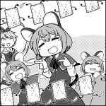  2girls animal_ears bangs blush capelet closed_eyes dress drooling foul_detective_satori greyscale hair_between_eyes index_fingers_raised long_sleeves monochrome mouse_ears mouse_tail mouth_drool multiple_girls multiple_views nanachise7 nazrin open_mouth rag shawl short_hair smile tail toramaru_shou touhou 