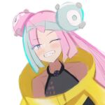  1girl bangs blue_hair boots bow-shaped_hair character_hair_ornament hair_ornament hexagon_print highres iono_(pokemon) jacket long_hair looking_at_viewer low-tied_long_hair low_twintails magnemite miyaco86 multicolored_hair open_mouth oversized_clothes pink_eyes pink_hair pokemon pokemon_(game) pokemon_sv sharp_teeth shirt sleeveless sleeveless_shirt sleeves_past_fingers sleeves_past_wrists smile solo teeth twintails two-tone_hair very_long_hair very_long_sleeves white_background yellow_jacket 