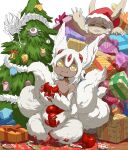  2girls animal_ears apple character_request christmas_present christmas_tree claws dark-skinned_female dark_skin eating extra_arms faputa food fruit furry gift hair_between_eyes highres horizontal_pupils looking_at_viewer made_in_abyss monster_girl multiple_girls multiple_tails nanachi_(made_in_abyss) navel open_mouth short_hair simple_background tail whiskers white_fur white_hair xiaopizi32439 yellow_eyes 