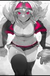  1girl absurdres bandaged_hand bandages bandeau blush breasts cleavage closed_mouth cropped_jacket goggles goggles_on_head hair_between_eyes highres jacket large_breasts long_sleeves looking_at_viewer medium_hair micro_shorts navel niwamaru_(niwarhythm) niwarhythm open_clothes open_jacket original red_eyes shorts sidelocks skindentation smile solo spot_color strapless thighhighs tube_top walking 