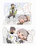  1boy 1girl ^_^ animification apex_legends bangs bento black_hair black_pants blush boots chopsticks closed_eyes crypto_(apex_legends) food food_on_face green_eyes green_vest grey_eyes grey_hair hair_behind_ear highres holding holding_bento holding_chopsticks looking_down looking_to_the_side mochikororin nojima_minami open_mouth pants parted_hair short_hair smile speech_bubble thought_bubble translation_request valkyrie_(apex_legends) vest white_footwear 