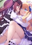  2girls ahoge blonde_hair blue_eyes blush breasts brown_eyes brown_hair commentary_request dress frilled_dress frills gothic_lolita hair_ribbon hanazono_yurine hat highres jashin-chan jashin-chan_dropkick kitahara_tomoe_(kitahara_koubou) lolita_fashion long_hair looking_at_another mini_hat multiple_girls open_mouth ribbon small_breasts sweat yuri 