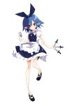  1girl absurdres alternate_costume apron blue_hair cosplay disgaea full_body highres holding holding_knife inktober izayoi_sakuya izayoi_sakuya_(cosplay) knife looking_at_viewer maid_apron makai_senki_disgaea nanozenzen pleinair pointy_ears rabbit red_eyes ribbon short_hair simple_background solo standing standing_on_one_leg usagi-san white_background 