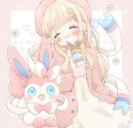  1girl animal_hat bangs beret blonde_hair blush bow bow_earrings cardigan closed_eyes dress earrings flower food hat highres hiiragi_hinana holding holding_food holding_ice_cream jewelry long_hair long_sleeves original pokemon pokemon_(creature) smile solo sylveon very_long_hair 