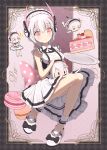  1girl absurdres cake cake_slice character_doll closed_mouth dress food frills grey_hair headgear headphones highres liv_(punishing:_gray_raven) macaron maid maid_headdress medium_hair multiple_persona pink_eyes plate pleated_skirt punishing:_gray_raven ry_zu skirt sleeveless sleeveless_dress white_footwear white_skirt 