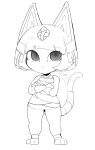  1girl :&lt; absurdres afterimage animal_crossing animal_ears ankha_(animal_crossing) bandages bob_cut cat_ears cat_tail closed_mouth crossed_arms full_body greyscale hair_ornament highres looking_at_viewer monochrome niwarhythm short_hair simple_background slit_pupils snake_hair_ornament solo standing tail tail_wagging white_background 