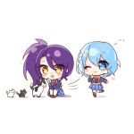  ... 2girls :d animal bangs black_socks blazer blue_eyes blue_hair blue_jacket blue_skirt blush braid brown_eyes brown_footwear cat chibi dorothy_west hair_between_eyes heart highres jacket kneehighs knees_up long_sleeves multiple_girls necktie own_hands_together pretty_(series) pripara pudding_(skymint_028) purple_hair red_necktie school_uniform shadow shoes side_ponytail simple_background sitting skirt smile socks sparkle toudou_shion white_background yellow_eyes 