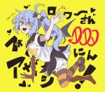  1girl airborne bangs black_bow blue_hair bow brown_footwear hair_bow heart highres looking_at_viewer milestone_celebration neckerchief nojima_minami open_hand open_mouth orange_eyes original ponytail shirt smile solo striped striped_thighhighs thighhighs twitter_username white_shirt yellow_background yellow_neckerchief zettai_ryouiki 