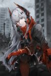  1girl absurdres bandaged_leg bandages black_jacket dkav5573 grey_eyes grey_hair hair_between_eyes headgear headphones heterochromia highres jacket long_hair lucia:_crimson_abyss_(punishing:_gray_raven) mechanical_arms punishing:_gray_raven red_eyes red_scarf scarf sidelocks 