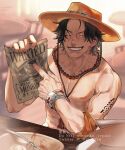  1boy arm_tattoo armlet bead_bracelet bead_necklace beads black_hair bowl bracelet closed_eyes dm_0820 elbows_on_table food food_on_face freckles grin hat highres jewelry male_focus monkey_d._luffy muscular necklace one_piece orange_headwear pasta pectorals plate pointing portgas_d._ace restaurant round_eyewear short_hair smile solo straw_hat sunglasses table tattoo teeth topless_male twitter_username upper_body upper_teeth_only wanted 