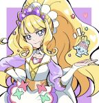  1girl absurdres apron blonde_hair blue_eyes bridal_gauntlets cure_finale delicious_party_precure hand_on_hip highres kasai_amane long_hair magical_girl parfait_recipipi precure smile solo tiara tsukikage_oyama very_long_hair wide_ponytail 