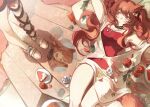  2girls :t angelina_(arknights) angelina_(summer_flowers)_(arknights) animal_ears arknights black_ribbon blush ceobe_(arknights) ceobe_(summer_flowers)_(arknights) chinese_commentary closed_mouth commentary_request cup drinking_glass flower fox_ears highres infection_monitor_(arknights) leaf leg_ribbon long_hair looking_at_another lying multiple_girls ochano official_alternate_costume on_back one-piece_swimsuit orange_hair orange_shorts petals plate puddle red_eyes red_flower red_one-piece_swimsuit red_rose reflection ribbon rose rose_petals shoes shorts swimsuit swimsuit_cover-up twintails white_footwear 
