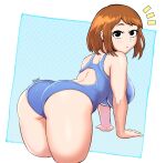  1girl all_fours alternate_costume artist_name ass back back_cutout bangs black_eyes blue_background blue_one-piece_swimsuit boku_no_hero_academia border breasts brown_hair closed_mouth clothing_cutout commentary competition_swimsuit cropped_legs english_commentary expressionless from_side frown hair_behind_ear hanging_breasts huge_ass impossible_clothes impossible_swimsuit large_breasts light_blush looking_at_viewer looking_back median_furrow narrow_waist notice_lines one-piece_swimsuit outside_border polka_dot polka_dot_background short_hair sidelocks simple_background snowbox solo swimsuit thick_thighs thighs uraraka_ochako white_border wide_hips 