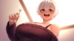  1girl bangs blonde_hair blush breasts cleavage crossed_bangs hair_between_eyes highres holding in_(ain) korean_commentary large_breasts looking_at_viewer luvdia multicolored_hair off-shoulder_sweater off_shoulder open_mouth park_dona short_hair solo streaked_hair sweater virtual_youtuber white_hair yellow_eyes 
